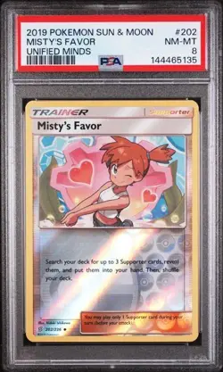 2019 Pokemon Sun & Moon Unified Minds Misty's Favor #202 PSA 8, REVERSE FOIL - Image 1