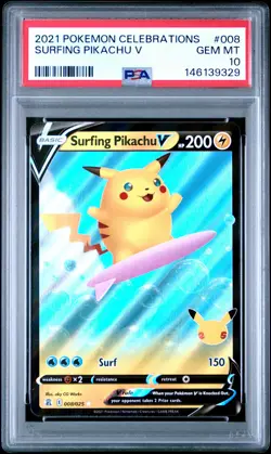 SURFING PIKACHU V 008 Celebrations Pokemon PSA 10 - Image 1