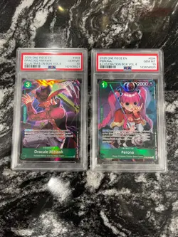 2x One Piece PSA 10 Dracule Mihawk + Perona Illustration Box Vol. 4 Promo card - Image 1