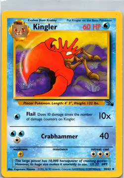 Kingler Uncommon Fossil Unlimited 38/62 Pokemon Card LP - Image 1