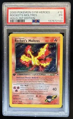 2000 Pokemon Gym Heroes 1st Edition Rocket's Moltres Holo #12/132 PSA 1 - Image 1