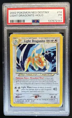 2002 Pokemon Neo Destiny Light Dragonite Holo #14/105 PSA 1 - Image 1