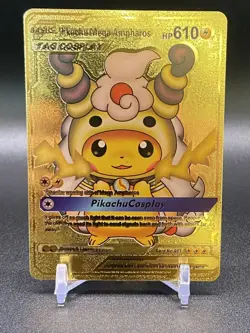 Pokemon Fan Art Display Gold Foil Card Pikachu Mega Ampharos - Image 1