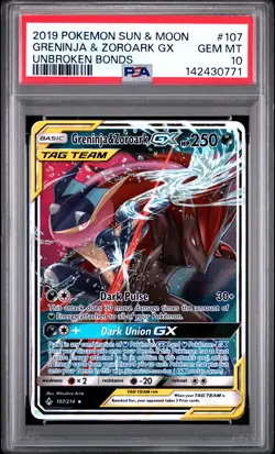 2019 POKEMON SUN & MOON UNBROKEN BONDS #107 GRENINJA & ZOROARK GX PSA 10 - Image 1