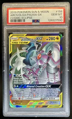 2019 Pokemon SM Cosmic Eclipse Arceus Dialga Palkia Tag Team #156/236 PSA 10 - Image 1
