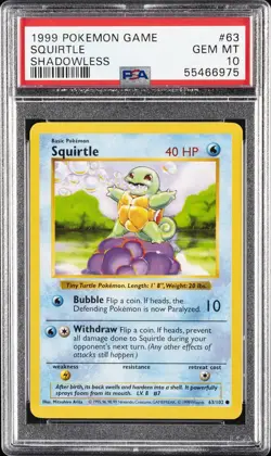 1999 POKEMON BASE SET SHADOWLESS #63 SQUIRTLE PSA 10 - Image 1