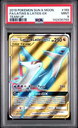 2019 POKEMON SUN & MOON TEAM UP #169 FULL ART/LATIAS & LATIOS GX PSA 9 - Image 1