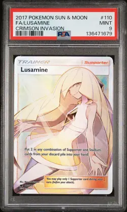 2017 POKEMON SUN & MOON CRIMSON INVASION #110 FULL ART/LUSAMINE PSA 9 - Image 1