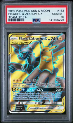 2019 POKEMON SUN & MOON TEAM UP #162 FULL ART/PIKACHU & ZEKROM GX PSA 10 - Image 1