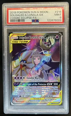 2019 Pokemon SM Cosmic Eclipse Solgaleo Lunala Tag Team #216/236 PSA 9 - Image 1