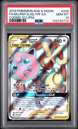 2019 POKEMON SUN & MOON COSMIC ECLIPSE FA/MEGA LOPUNNY & JIGGLYPUFF GX PSA 10 - Image 1