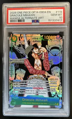 2026 One Piece Dracule Mihawk Secret Rare Manga Alt Art #OP14-119 PSA 10 - Image 1