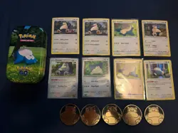 Assorted Pokemon Snorlax Art Lot 8 Cards NM Pokemon Go Holo, Coins, Tin - Image 1