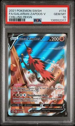 2021 Pokemon Sword Shield Galarian Zapdos V #174 Full Art Chilling Reign PSA 10 - Image 1
