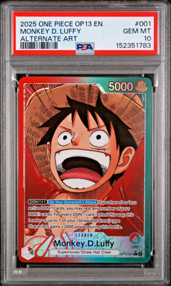 2025 ONE PIECE OP13-CARRYING ON HIS WILL ALTERNATE ART MONKEY D. LUFFY PSA 10 - Image 1