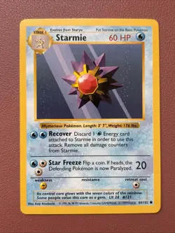 Pokemon TCG Starmie Base Set, Shadowless Common Card 64/102 NM Condition - Image 1