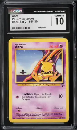 2000 Pokemon Base Set 2 Abra #65 CGC 10 - Image 1
