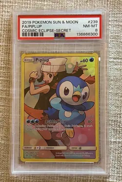 2019 POKEMON SUN & MOON COSMIC ECLIPSE SECRET #239 FULL ART/PIPLUP PSA 8 - Image 1