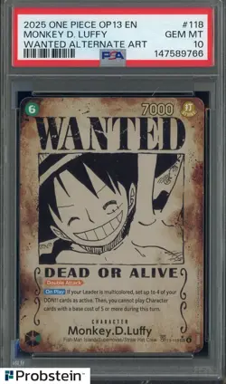 2024 One Piece OP13 En #118 Monkey D. Luffy Wanted Alternate Art PSA 10 GEM MINT - Image 1