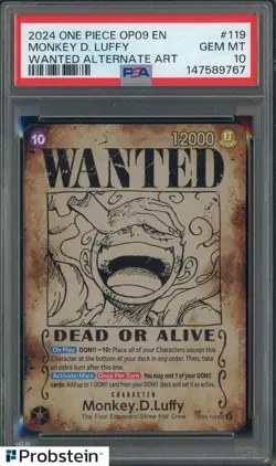 2024 One Piece OP09 En #119 Monkey D. Luffy Wanted Alternate Art PSA 10 GEM MINT - Image 1