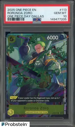 2025 One Piece En One Piece Day Dallas #113 Roronoa Zoro PSA 10 GEM MINT - Image 1