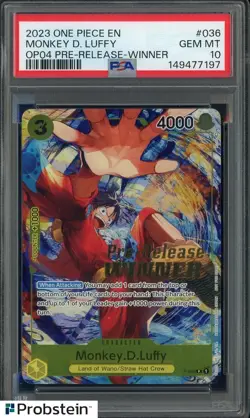 2023 One Piece EN OP04 Pre-release Winner #036 Monkey D. Luffy PSA 10 GEM MINT - Image 1