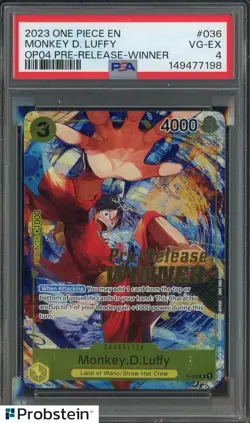 2023 One Piece EN OP04 Pre-release Winner #036 Monkey D. Luffy PSA 4 - Image 1