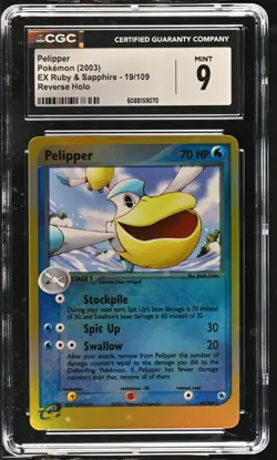 CGC 9 MINT Pelipper 2003 EX Ruby & Sapphire 19/109 Reverse Holo Pokemon Card - Image 1