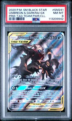 2020 POKEMON SM BLACK STAR PROMO #SM241 UMBREON & DARKRAI GX PSA 8 - Image 1