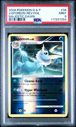 2008 POKEMON DP MAJESTIC DAWN VAPOREON #34 REVERSE FOIL PSA 9 MINT #117257054 - Image 1