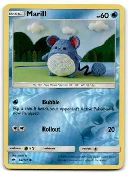 2017 Sun & Moon Burning Shadows Pokemon Trading Card #34 Marill Reverse Holo TCG - Image 1