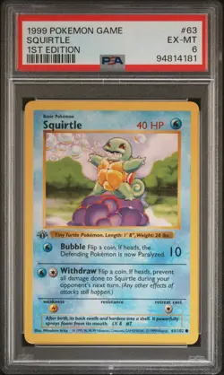 1999 POKEMON BASE SET 1ST EDITION #63 SQUIRTLE PSA 6 - Image 1