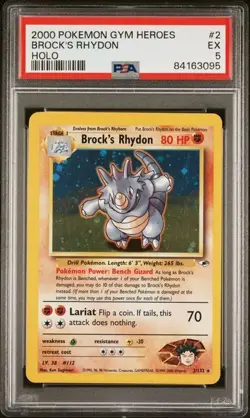 Pokemon Brock's Rhydon 2/132 2000 Gym Heroes Unlimited Holo PSA 5 EX - Image 1