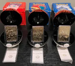 LOT OF 3 BK 1999 POKEMON 23K GOLD PLATED CARDS W COA -CHARIZARD/ POLIWHIRL/JPUFF - Image 1