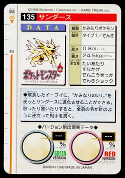 Jolteon No. 135 Green Bandai Carddass Series 1-2 G Pokemon Japanese LP - Image 2