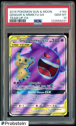 2019 Pokemon Team Up #164 Gengar & Mimikyu Gx FA Ultra Rare Holo PSA 10 GEM MINT - Image 1