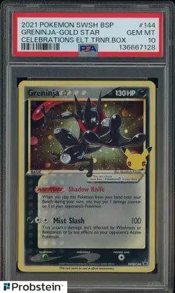 2021 Pokemon SWSH BSP Celebrations ETB #144 Greninja Gold Star PSA 10 GEM MINT - Image 1