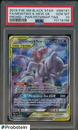 2019 Pokemon SM BSP Power Partnership Tins #SM191 FA Mewtwo & Mew GX PSA 10 - Image 1