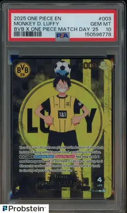 2025 ONE PIECE PROMOS BVB X ONE PIECE MATCH DAY 2025 #003 MONKEY D. LUFFY PSA 10 - Image 1