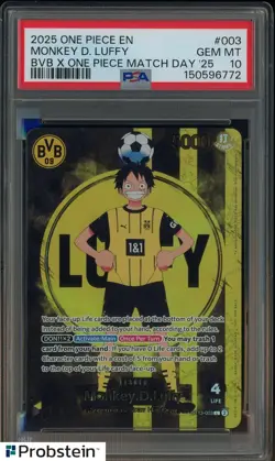 2025 ONE PIECE PROMOS BVB X ONE PIECE MATCH DAY 2025 #003 MONKEY D. LUFFY PSA 10 - Image 1