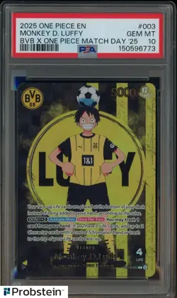 2025 ONE PIECE PROMOS BVB X ONE PIECE MATCH DAY 2025 #003 MONKEY D. LUFFY PSA 10 - Image 1