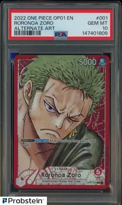 2022 One Piece OP01 EN Alternate Art #001 Roronoa Zoro PSA 10 GEM MINT - Image 1