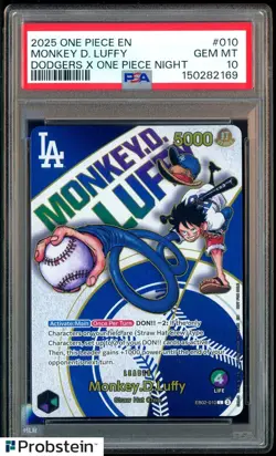 2025 One Piece EN Dodgers X One Piece Night #010 Monkey D. Luffy PSA 10 GEM MINT - Image 1