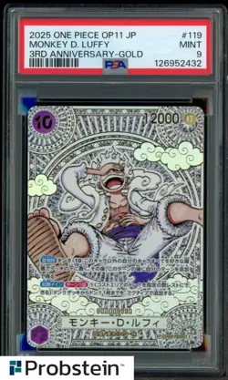2025 ONE PIECE JPN OP11 MONKEY D. LUFFY 3RD ANNIV. GOLD OP05 119 JAPANESE PSA 9 - Image 1