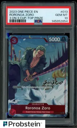 2023 One Piece Promo 3 on 3 Cup Top Prize #013 Roronoa Zoro PSA 10 GEM MINT - Image 1