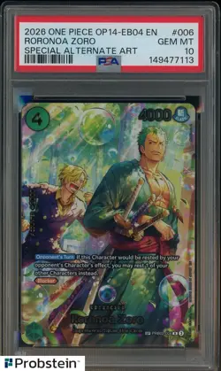 2026 ONE PIECE OP14-EB04-THE AZURE SEA'S SEVEN #006 RORONOA ZORO PSA 10 GEM MINT - Image 1