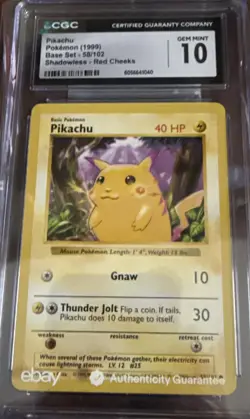 1999 Pokemon Red Cheeks Pikachu Base Set Shadowless 58/102 CGC 10 - Image 1