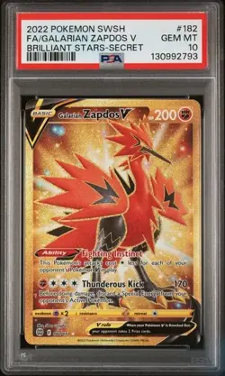 2022 Pokemon Brilliant Stars Galarian Zapdos V #182 Secret Rare Full Art PSA 10 - Image 1