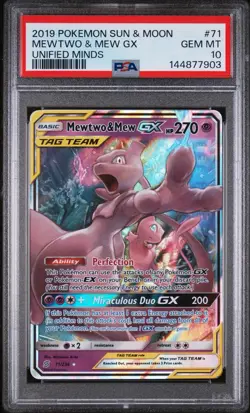 2019 Pokemon SM Unified Minds Mewtwo Mew Tag Team Holo #71/236 PSA 10 GEM MINT - Image 1