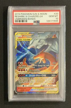 2019 Pokemon Sun & Moon Reshiram & Charizard PSA 10 GX 20/214 Unbroken Bonds - Image 1